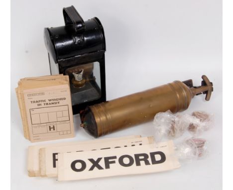 A square inspection hand lamp, reservoir and burner marked NER, a BR carriage fire extinguisher and fixing bracket, quantity 