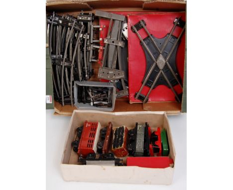 A large tray of Postwar Hornby items including No. 1 'National Benzole' tanker, No. 1 NE Cattle Truck, No. 1 NE open, No. 1 l