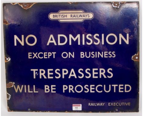 A BR(E) No admittance blue and white enamel sign, with British Railways in Totem emblem, to read "No admittance except on bus