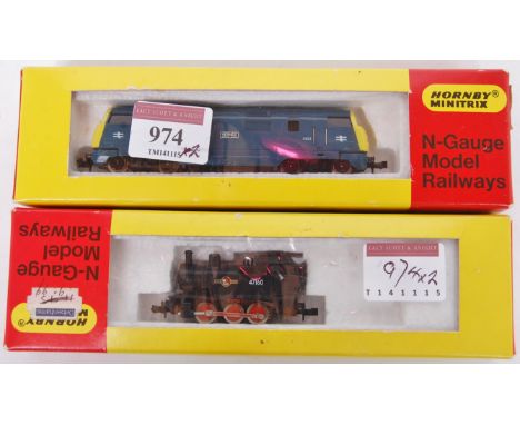Hornby Minitrix N206 BR blue Warship diesel locomotive 'Hermes' (M-BM), and a N201 0-6-0 BR black tank engine (M-BM)