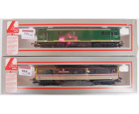 Two Lima class 73 Electro-diesel locomotives No. E6001 EMU green with lime green bottom band (G-BG) and another Executive liv