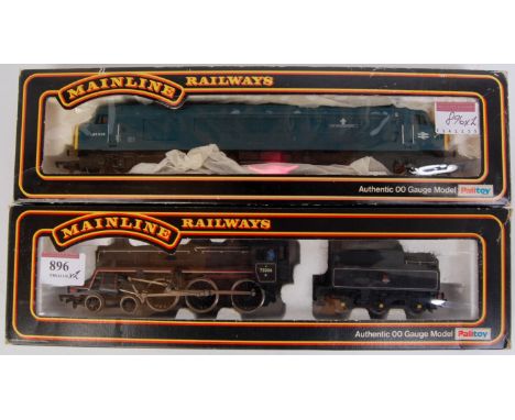 A Mainline 37-052 BR lined black 4-6-0 standard class 4 engine and tender (G-BG), and a type lCo-Col BR blue diesel locomotiv