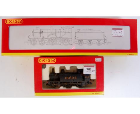 Hornby R2527 class 2P 4-4-0 engine and tender, BR black factory weathered (NM-BG) together with R2469 LMS black Jinty tank en