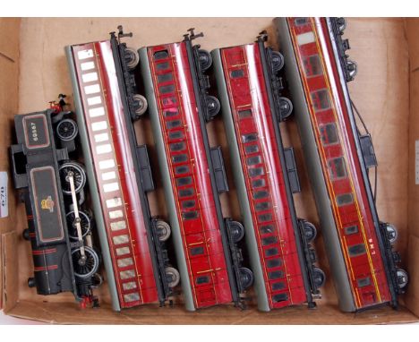 A Hornby Dublo 3-rail EDL17 tank engine D13, 2 D14, and an LMS D3 coach (G)
