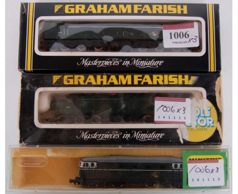 A Graham Farish No.8115 BR Green Class 40 diesel locomotive (G-BG), a Class 37 in poor box (F-BP), and a Minitrix BR Green cl