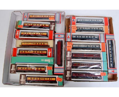 17 Lima N gauge coaches - 8 red/cream, 3 maroon, 5 blue/grey and maroon bogie van (G-BG)