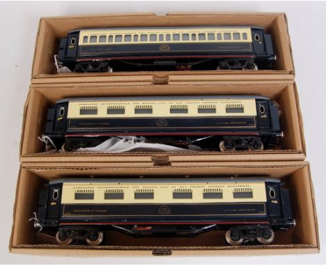 3x Paya dark blue and cream bogie Wagon-Lits coaches including 2x 2nd class No. 1387 and a Schlafwagen No. 1388 - all fitted 
