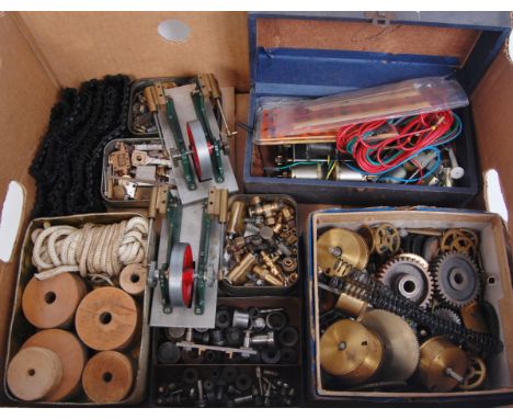 Box of assorted model making equipment and spares, to include brass cogs, can motors, 2 Mamod Horizontal stationary engines, 