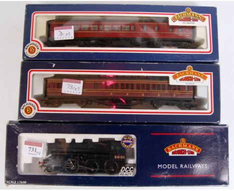 Bachmann 32-575 LMS black double chimney, Ivatt class 4 2-6-0 engine and tender DCC ready (G-BG), together with LMS brake 3rd