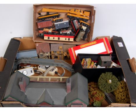 Tray containing mixed model railway 9 wagons, yellow breakdown crane, LNER 0-6-0 tank engine (damaged), some buildings and sc