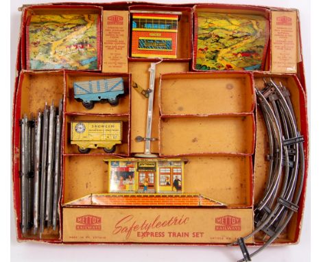 Mettoy Safetylectric Express Train Set missing loco and tender but comprising Blue Circle Cement Paint van, 13T Open Wagon, d