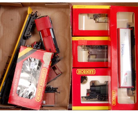 Tray containing Hornby R2665 0-4-0 tank engine (M-BM), R6144B, R6260, R628, wagons (M-BM), R106 (G-BF), unboxed Virgin 0-4-0 