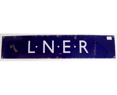 LNER enamel poster board heading 28"x6", vendor states ex Stratford, small losses around edges 