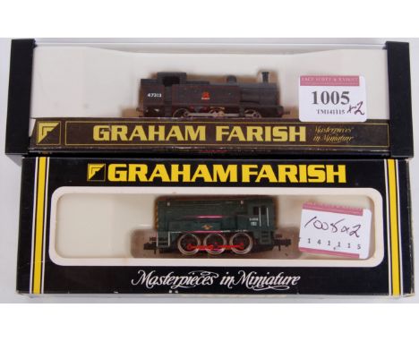 A Graham Farish No. 1705 BR black Jinty tank engine (G-BG), and a No. 1005 BR green class 08 diesels shunter (G-BG)