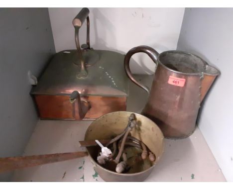 Victorian copper kitchenware to include a square formed kettle together with mixed prints and a cross stitch tapestry, framed