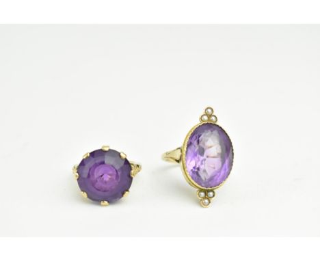 A gold coloured ring and a gold plated ring set with seed pearls, each set with a purple stone 