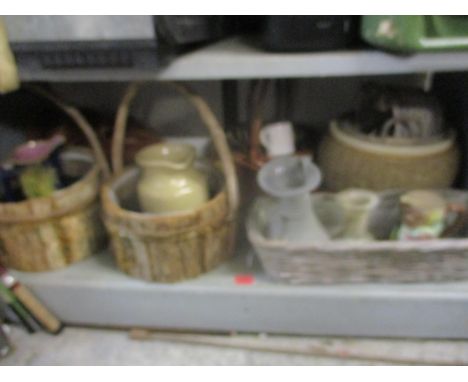 Wicker and wooden plant pots and baskets along with Roman style glassware, a Majolica jug and other itemsLocation: 