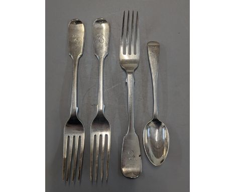 A group of Victorian silver flatware to include an entree fork and spoon, London 1845, together with two entree forks, London