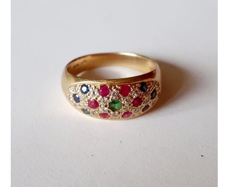 An 18ct gold and multi-stone ring of red, green, blue and white stones, stamped 18K, total weight 4.3g, Location: RING/A1B