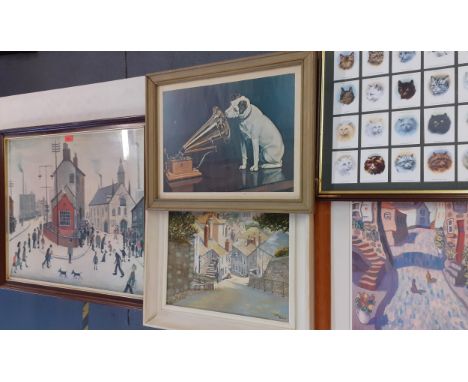 A Lowry print depicting 'A street in Clitheroe' printed in 1978 by Medici Society Ltd, London, together with an oil on canvas