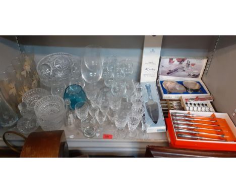 Mixed domestic glass and boxed flatware and cutlery to include silver plated pistol handled knivesLocation: 8:2 