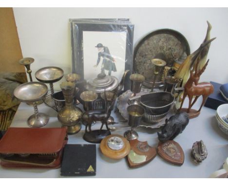 A mixed lot to include silver plate, carved treen ornaments, unframed prints, table lighter, German tankard, rug and other it