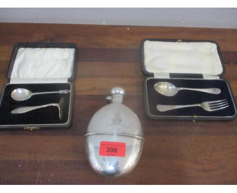 A Victorian silver plated hip flask, a James Deakin silver christening spoon and fork in case Sheffield 1923, a child's silve