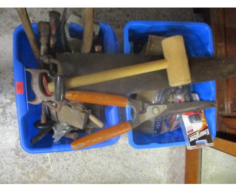 Two crates of various household tools to include hammers, saws and others Location: 