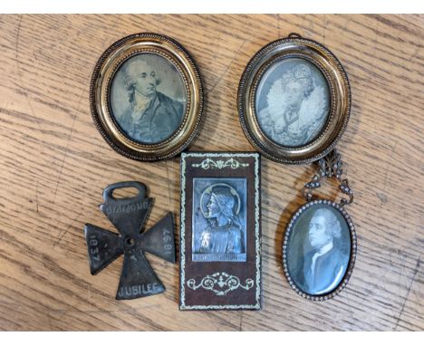 Collectables to include a Victorian Jubilee horse brass, three portrait miniatures prints and a religious silver plated icon 