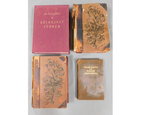 4 historische Kochbücher.A. Escoffier Kochkunstführer. Wohl Ausgabe von 1923 in deutscher Sprache. Küchen-Lexikon der Fische,
