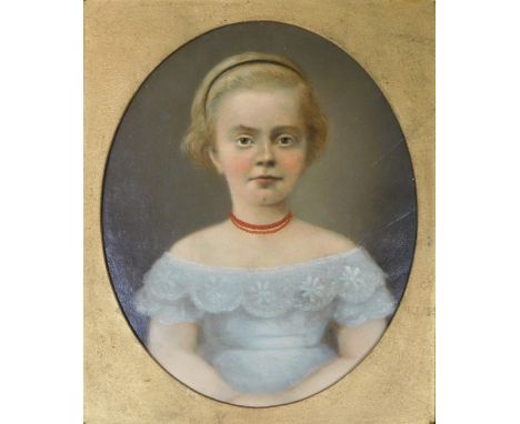 UNSIGNIERT (XIX - XX). Portrait eines Mädchens um 1900.44 cm x 34 cm. Oval. Gemälde. Öl auf Leinwand. Keine Signatur gefunden