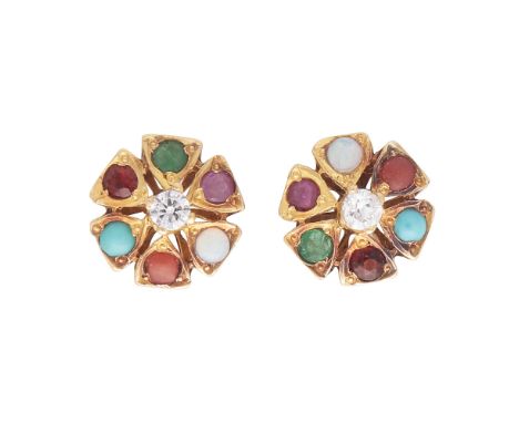 A pair of antique jewelled stud earrings in yellow gold, each designed as a floral cluster with round cut diamond in the cent