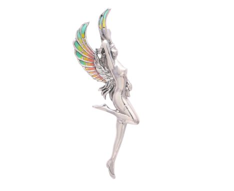 A plique a jour enamel pixie / nymph brooch in sterling silver, depicting a nude fairy with enamel wings. Length 6.8cm. Gross