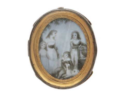 An antique Victorian portrait miniature clasp in yellow gold, the oval miniature behind a glass locket front, depicting four 