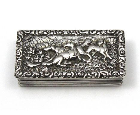 An antique William IV Sterling Silver snuff box by William Simpson, Birmingham 1835. Of rectangular form, the lid with high r