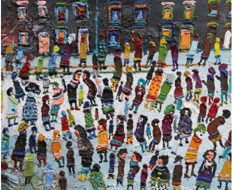 § § Fred Yates (1922-2008) Crowded street sceneoil on boardStudio sale stamps verso49 x 59cmGood original condition, might be