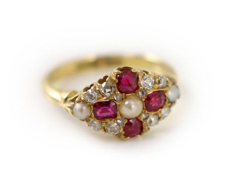 An early 20th century 18ct gold, ruby, diamond and split pearl cluster set dress ring,size K, gross weight 3.5 grams.Sone ver