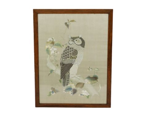 An unusual Chinese embroidered silk panel of an owl, late 19th century,66cm x 49cmSome light spotting to the satin ground and