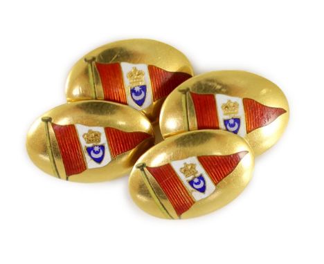 A pair of late Victorian 18ct gold and polychrome enamel oval cufflinks, decorated with the Royal Portsmouth Yacht Club penna