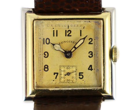 An Art Deco 18ct gold and platinum Longines manual wind square dial wrist watch,with Arabic dial and subsidiary seconds, move