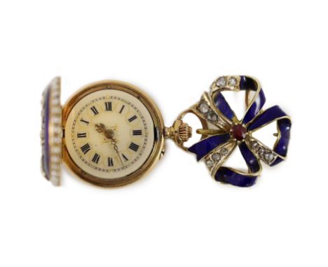 A lady's late 19th/early 20th century Swiss 18ct gold, enamel, split pearl and diamond set fob watch, on an associated 18ct g