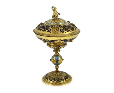 A Victorian enamel and gilt metal pedestal cup and cover in the Renaissance style, Elkington &amp; Co, circa 1880,inset with 