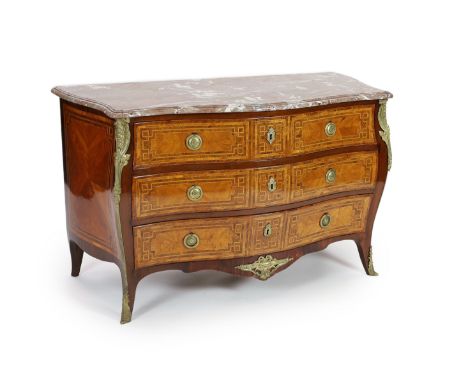 A late 18th century French banded kingwood serpentine marble top commode,with gilt metal mounts, stamped H. Wirtz to top,widt