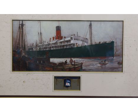 Ellis Silas (1885-1972) Liner entering harbour with remarque sketch of a coat of arms initialled JREgouache and watercoloursi