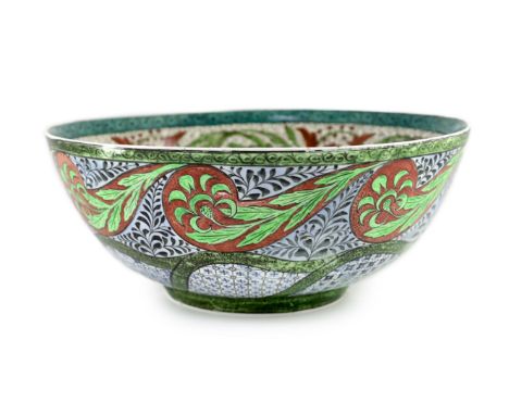 An unusual Arts &amp; Crafts experimental pottery bowl, dated 1914, in de Morgan style,decorated with an interlaced serpent d