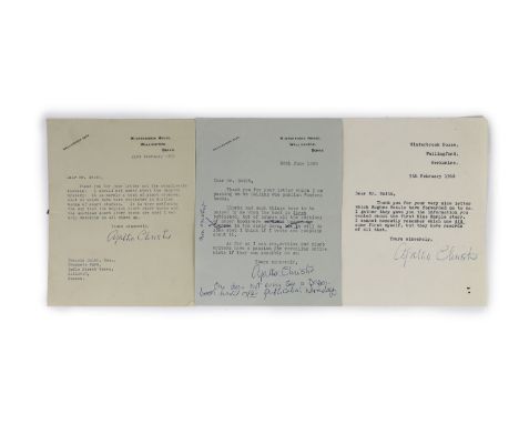 ° ° Christie, Agatha - 3 signed typescript letters,all 8vo, from Winterbrook House, to a Mr. Smith, dated 9th February, 1968 