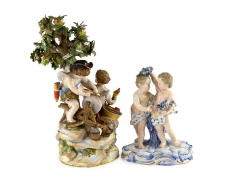 A Meissen group of Cupid forging arrows and a similar group of two cherubs, late 19th century,the group of Cupid polishing ar