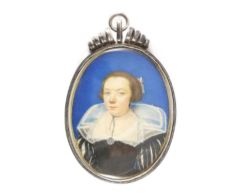 17th century English School Portrait miniature of a lady wearing a black dress with lace collar and a silver pendantwatercolo