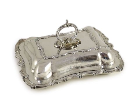 An early Victorian silver tureen and cover with handle, by Samuel Roberts &amp; Co, with engraved presentation inscription an