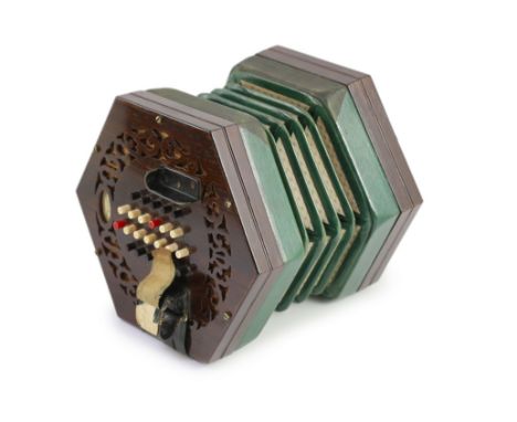 A 48-key C. Wheatstone English model rosewood concertina,with twenty four buttons to each side, original label and numbered 1